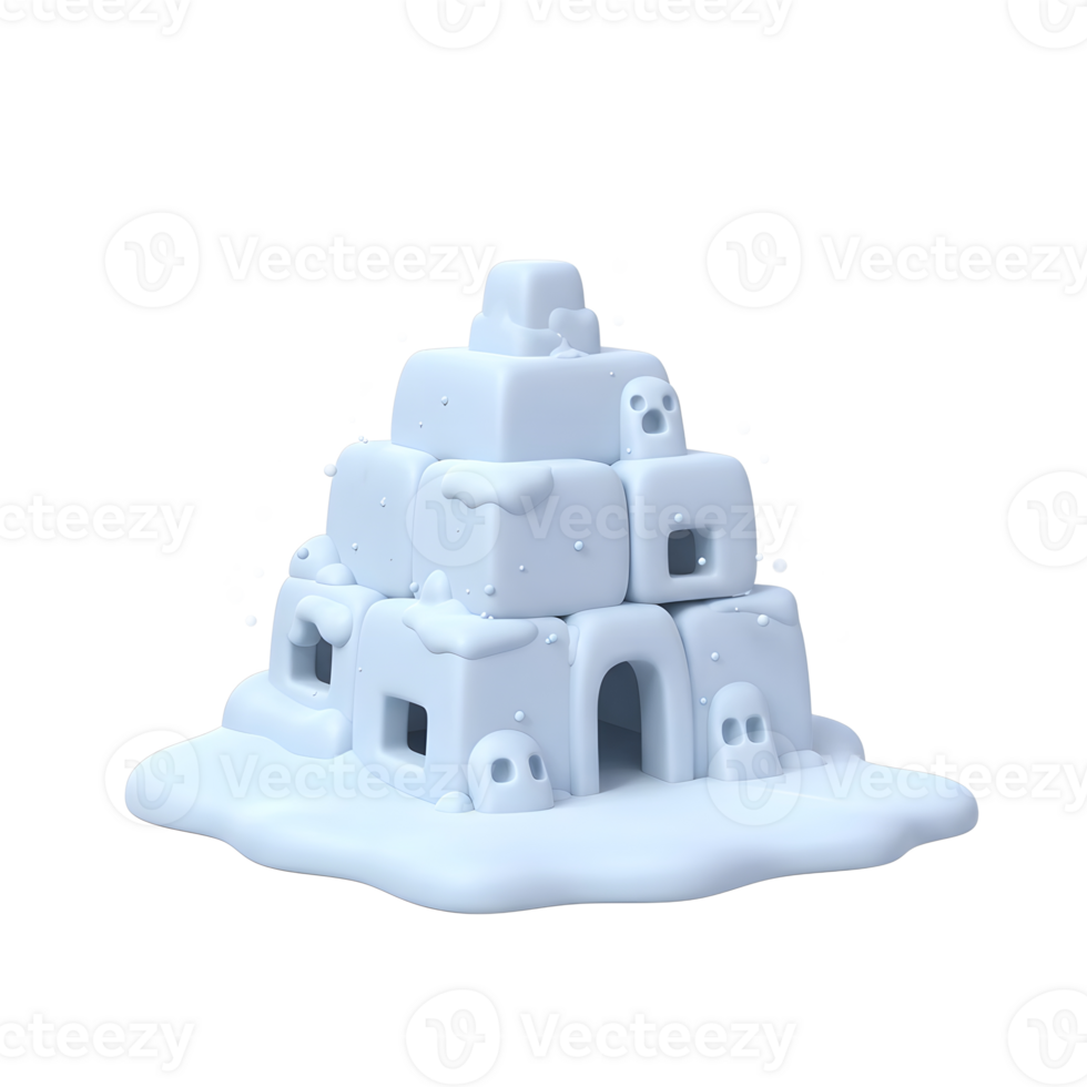An illustration features a structure made of light blue snow cubes with skull decorations, suggesting a playful and slightly spooky decorative element. png