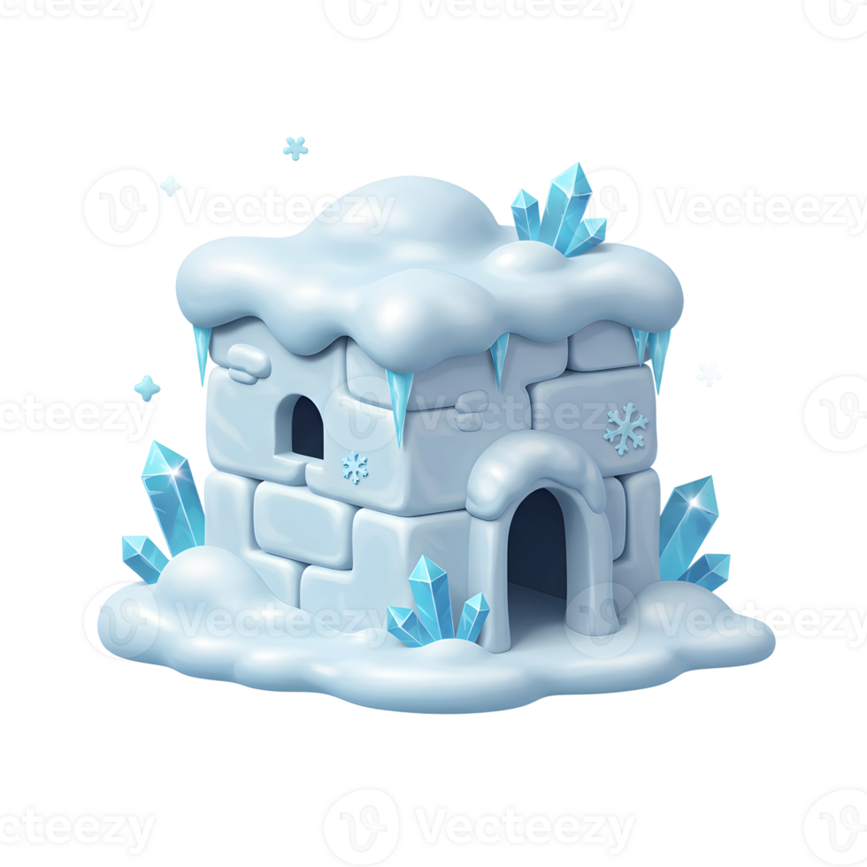 A whimsical snow house is surrounded by ice crystals and snowflakes, perfect for winter-themed designs. png
