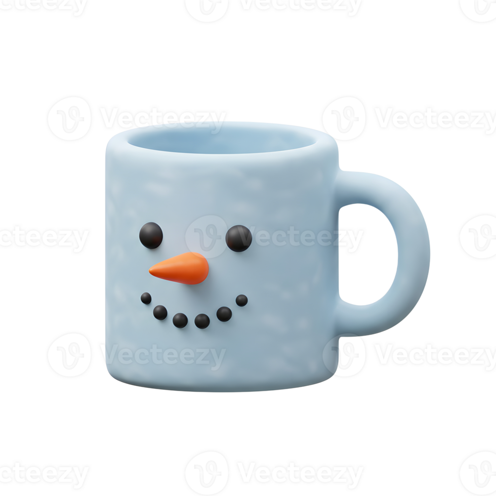 This light blue mug has a snowman face with black eyes, an orange carrot nose and black mouth, perfect for enjoying a warm beverage. png