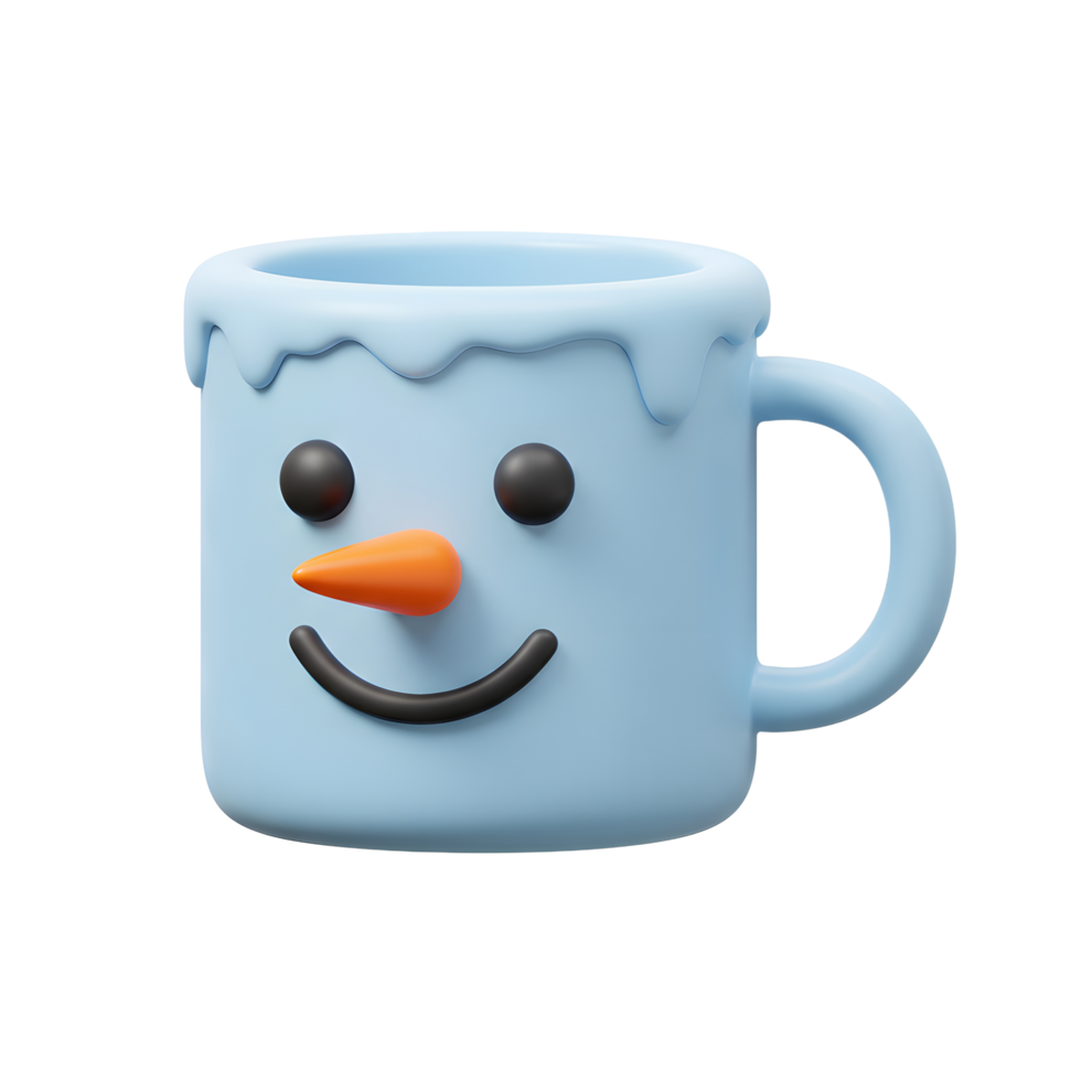 A cheerful light blue snowman-themed mug features a carrot nose and a smiling face, ideal for holding beverages. png