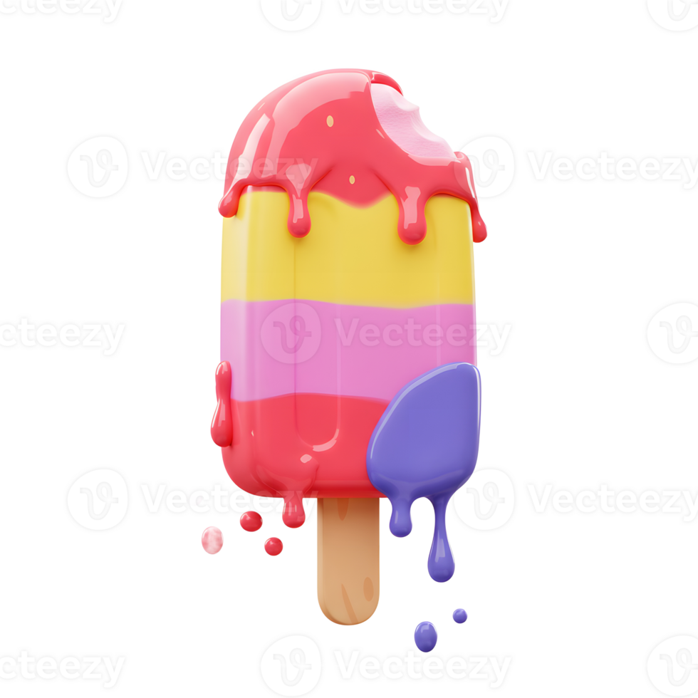 A delicious colorful ice cream bar drips with red, yellow, and blue frosting for summer snack enjoyment. png
