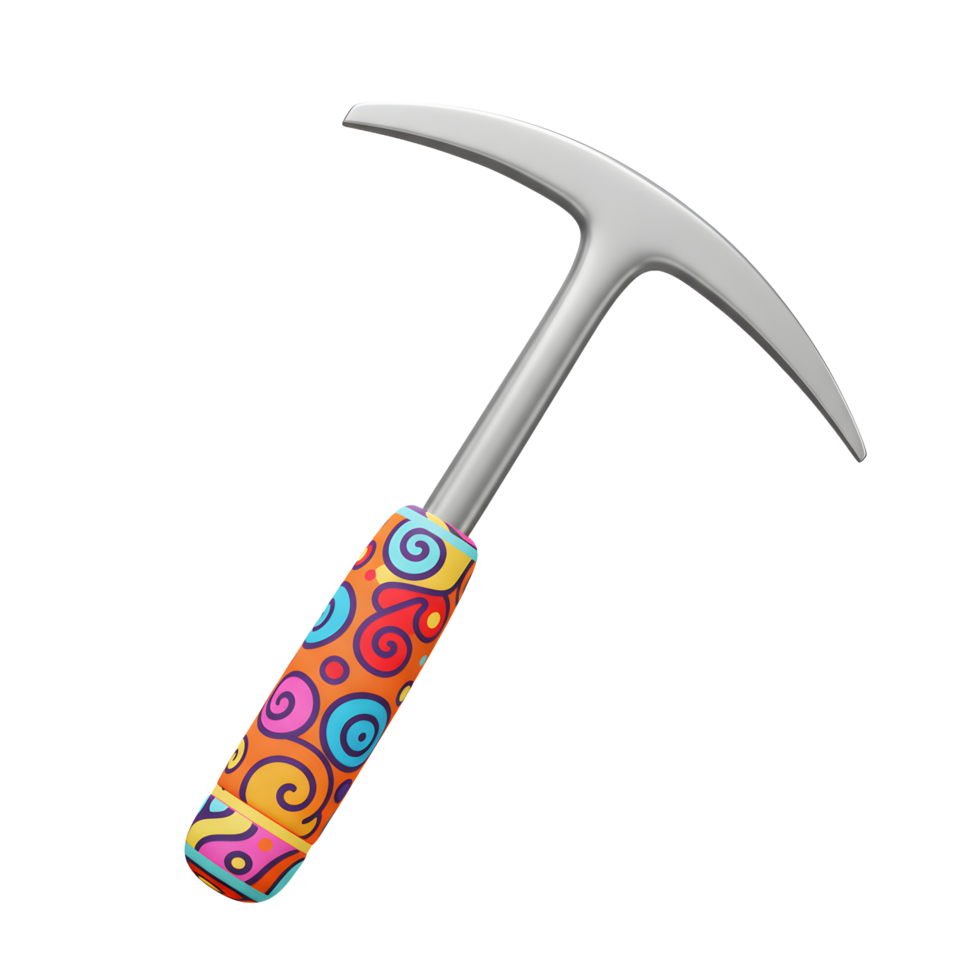 An ice axe featuring a colorful handle and a silver-colored head is pictured on a white background, commonly used for ice climbing and mountaineering. png