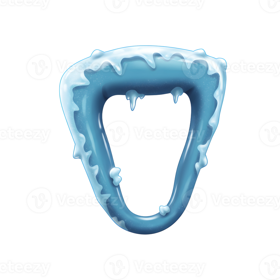 A blue triangular frame is shown covered in snow and dripping with icicles, perfect for winter designs. png
