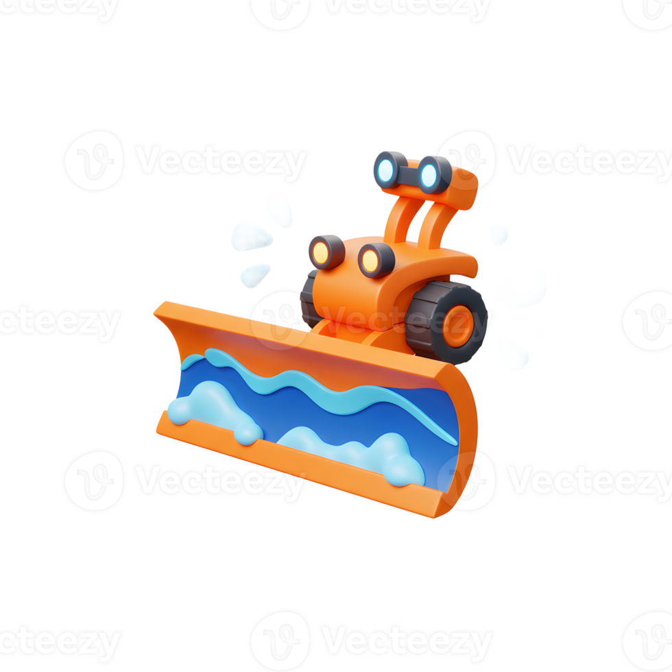 Cartoon orange snowplow with blue and white snow is clearing a path, ideal for winter themed games or designs. png