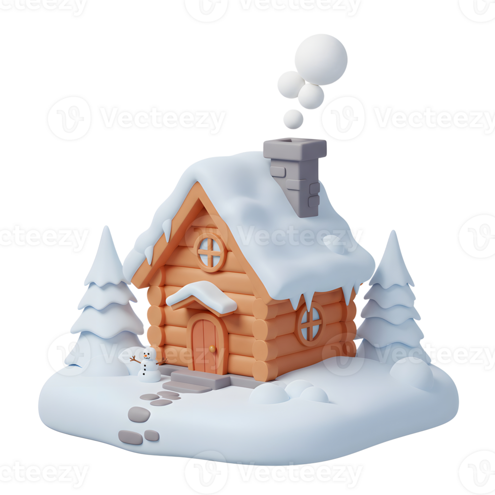 A cozy log cabin sits covered in snow next to Christmas trees and a snowman, creating a festive winter scene suitable for holiday cards. png