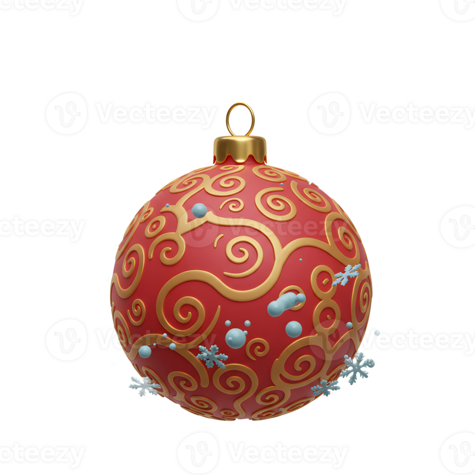 A red Christmas ornament featuring a gold swirl design and blue snowflake accents hangs in the air, adding festive cheer to the holiday season. png