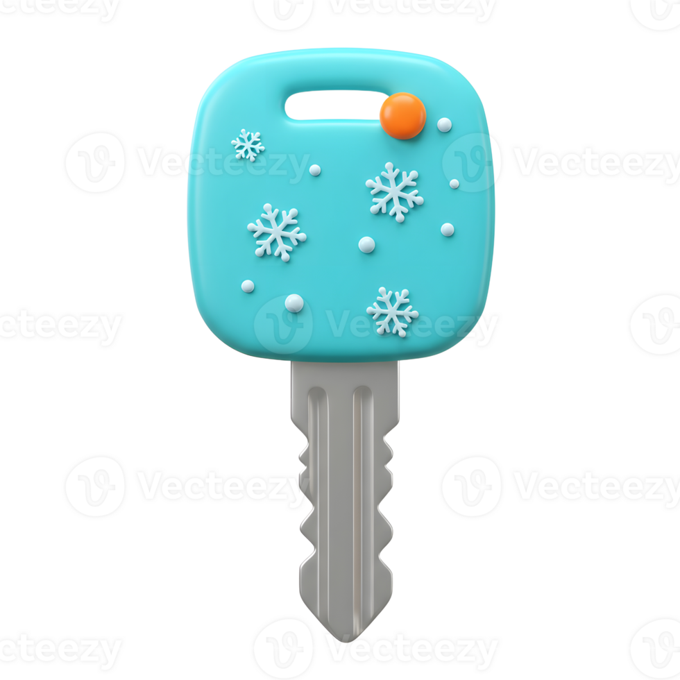 A stylized, cartoonish blue key decorated with snowflakes and an orange dot symbolizes festive winter travel or new beginnings for unlocking something important. png