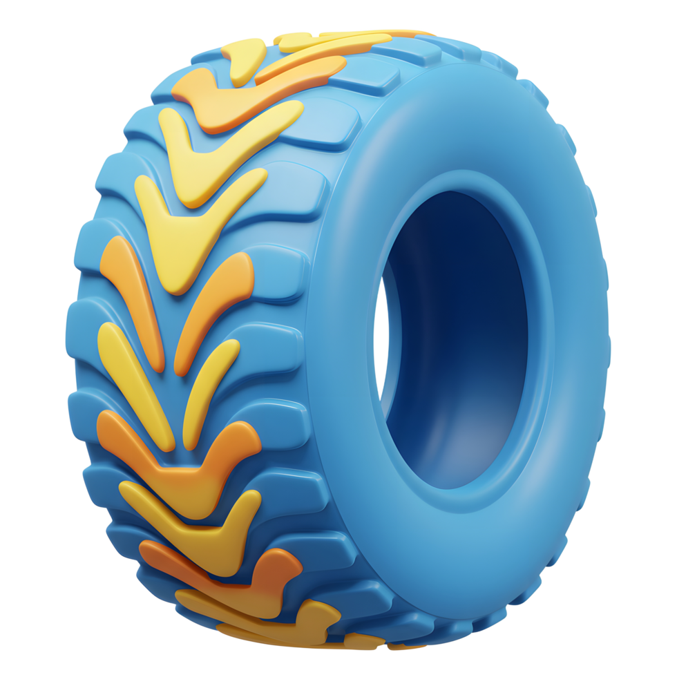 Cartoon tire featuring a blue base with yellow and orange tread stands isolated, demonstrating a whimsical and playful design. png