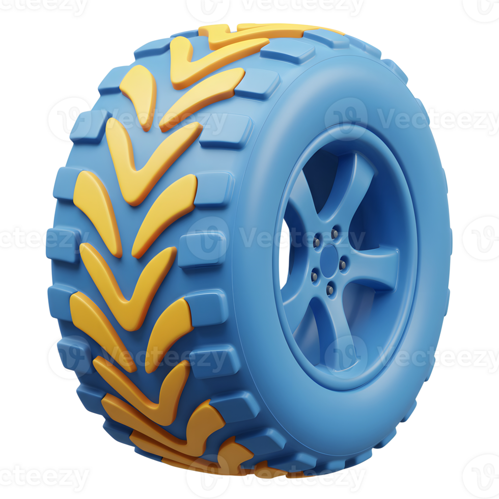 A blue tire with yellow treads is displayed, which can be used for vehicles. png