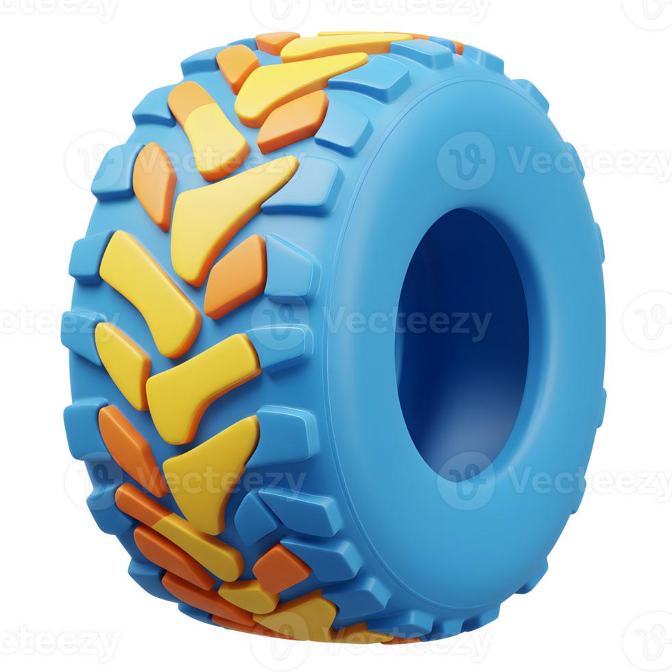 A cartoonish blue rubber tire is showcased with a pattern of orange and yellow tread, which could be used in toy designs or educational materials. png