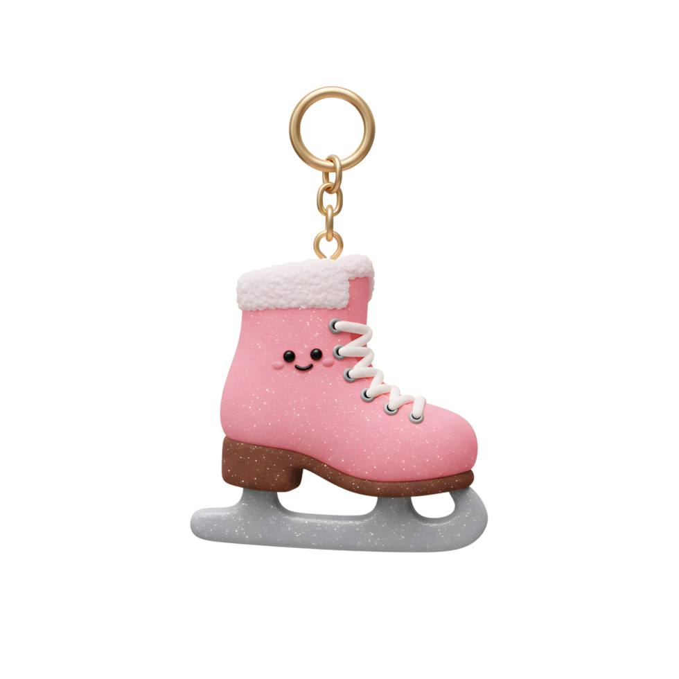 A pink ice skate keychain features a happy face and sparkly texture, perfect for accessorizing bags or keys. png