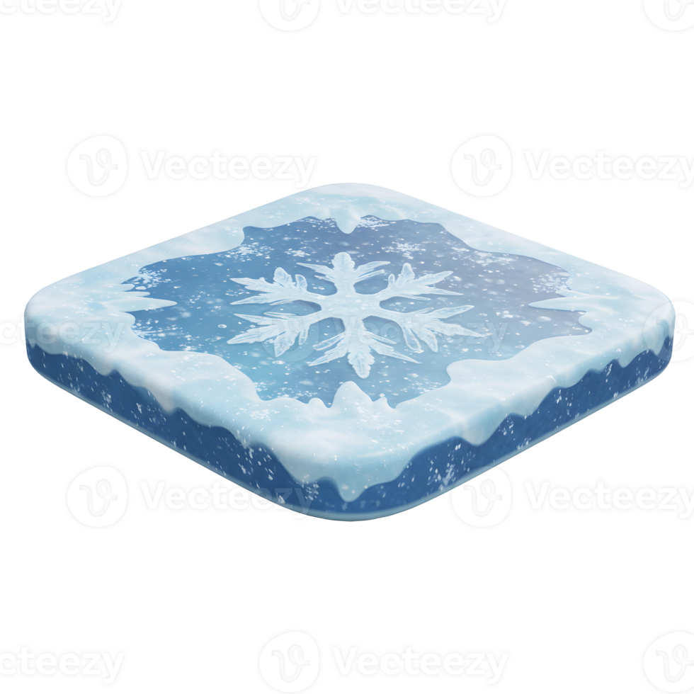 A square tile is adorned with a delicate snowflake design and a frozen texture, evoking a winter mood for decorative purposes. png