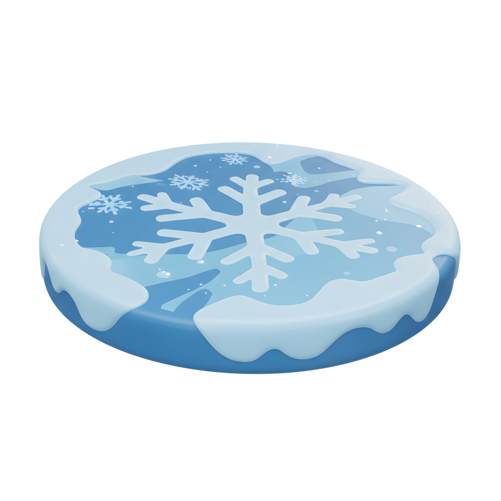 A blue, round platform showcases a white snowflake and snow-like accents, evoking a wintery mood and can be used for displays. png