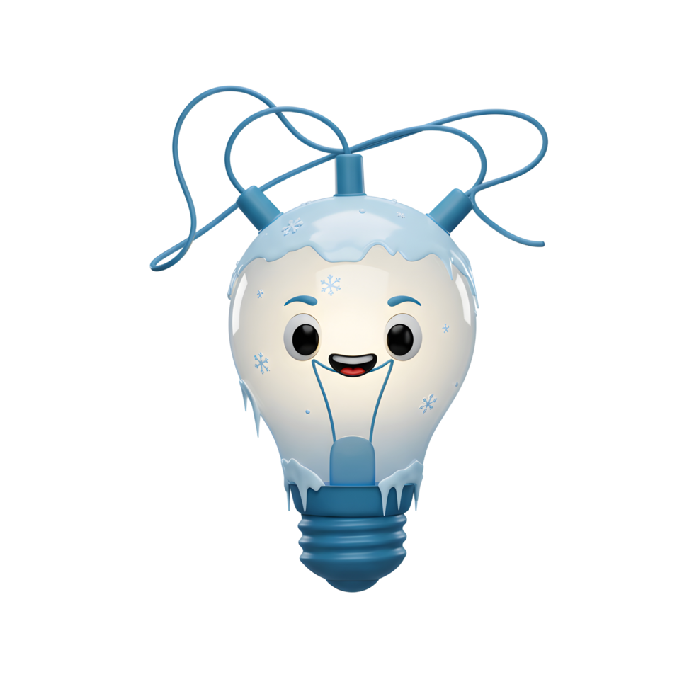 A cartoon light bulb character is covered in snow and icicles, featuring a happy expression, for use in winter or holiday themed designs. png