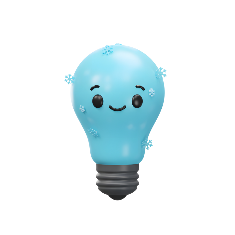 A cartoon lightbulb is decorated with snowflakes and surrounded by shining shapes, suggesting winter creativity for seasonal projects. png
