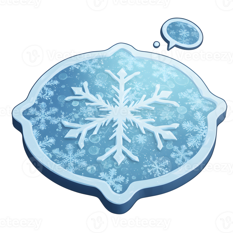 A white snowflake sits atop a blue background with smaller snowflakes and bubbles, accompanied by a thought bubble containing a smaller snowflake to convey winter, coolness, or a holiday theme. png
