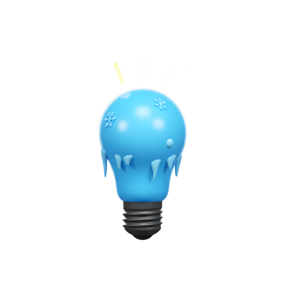 A blue lightbulb decorated with snowflakes and icicles radiates light, ideal for representing winter themes or innovative cold-weather concepts. png