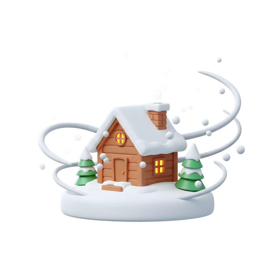 A charming miniature house covered in snow stands amidst falling snowflakes and evergreen trees, creating a whimsical winter scene, perfect for holiday decor or festive illustrations. png