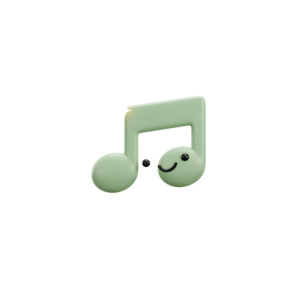A cute, green, 3D music note with a smiling face sits on a white background, suggesting playful musical expression. png