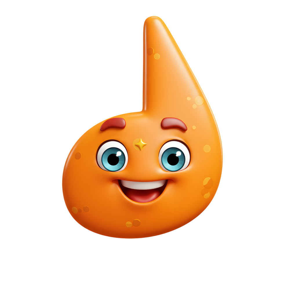 Orange cartoon note character smiles with blue eyes and a star on its forehead, perfect for illustrations. png