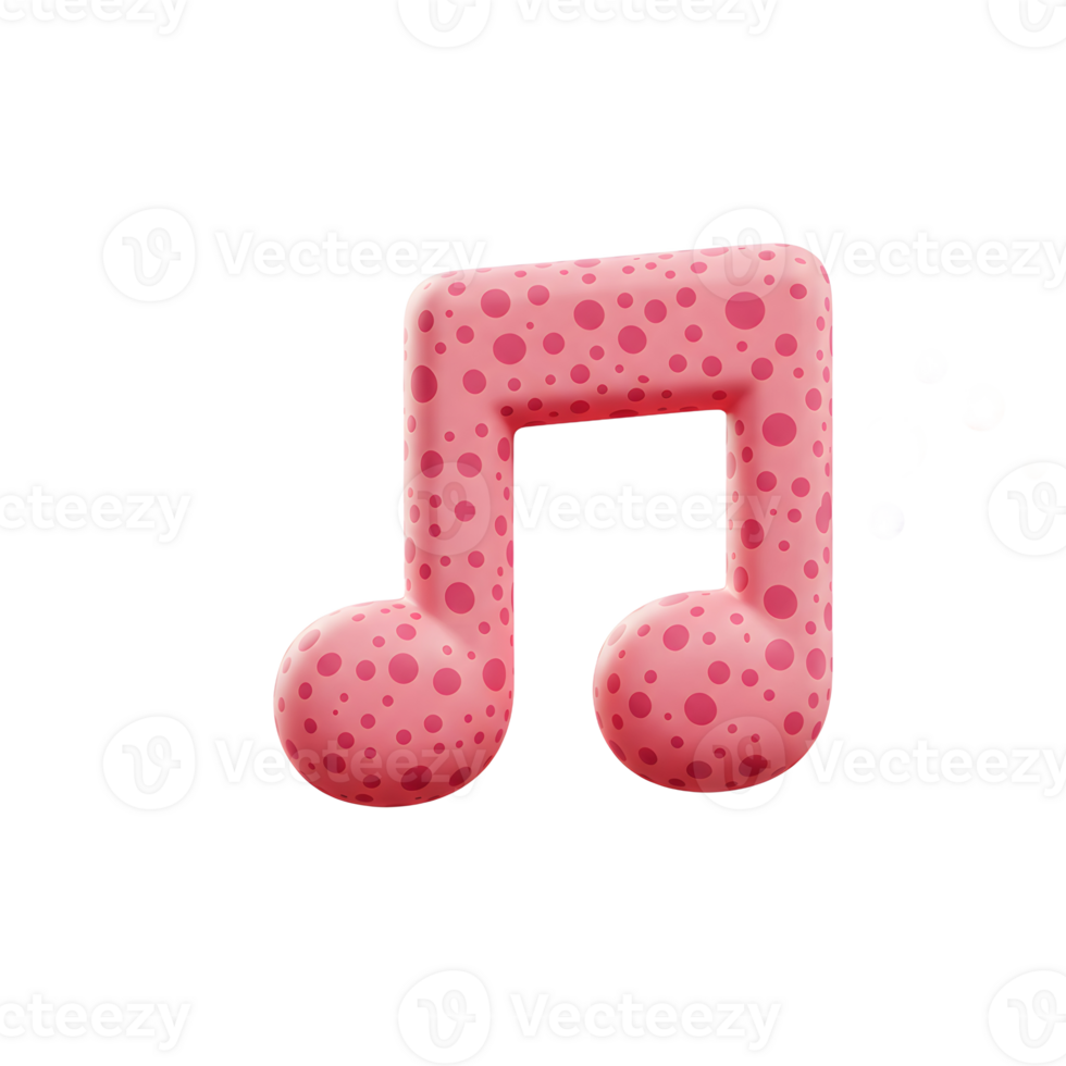 A pink music note with polka dots stands out against a white background with floating spheres, ideal for representing music and sounds. png