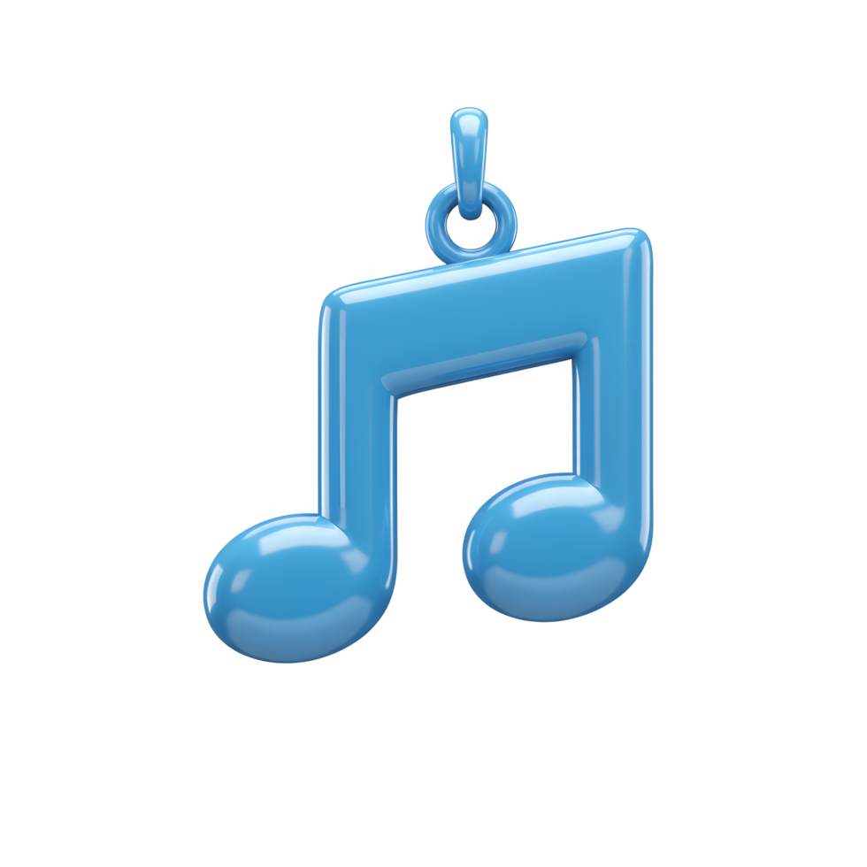 A glossy blue music note hangs from a loop against a white background, often used to represent songs or audio. png