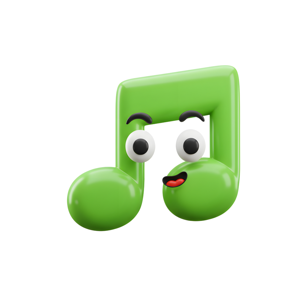 A playful green music note character with eyes and a mouth brings music to life, and can be used for music-related content. png