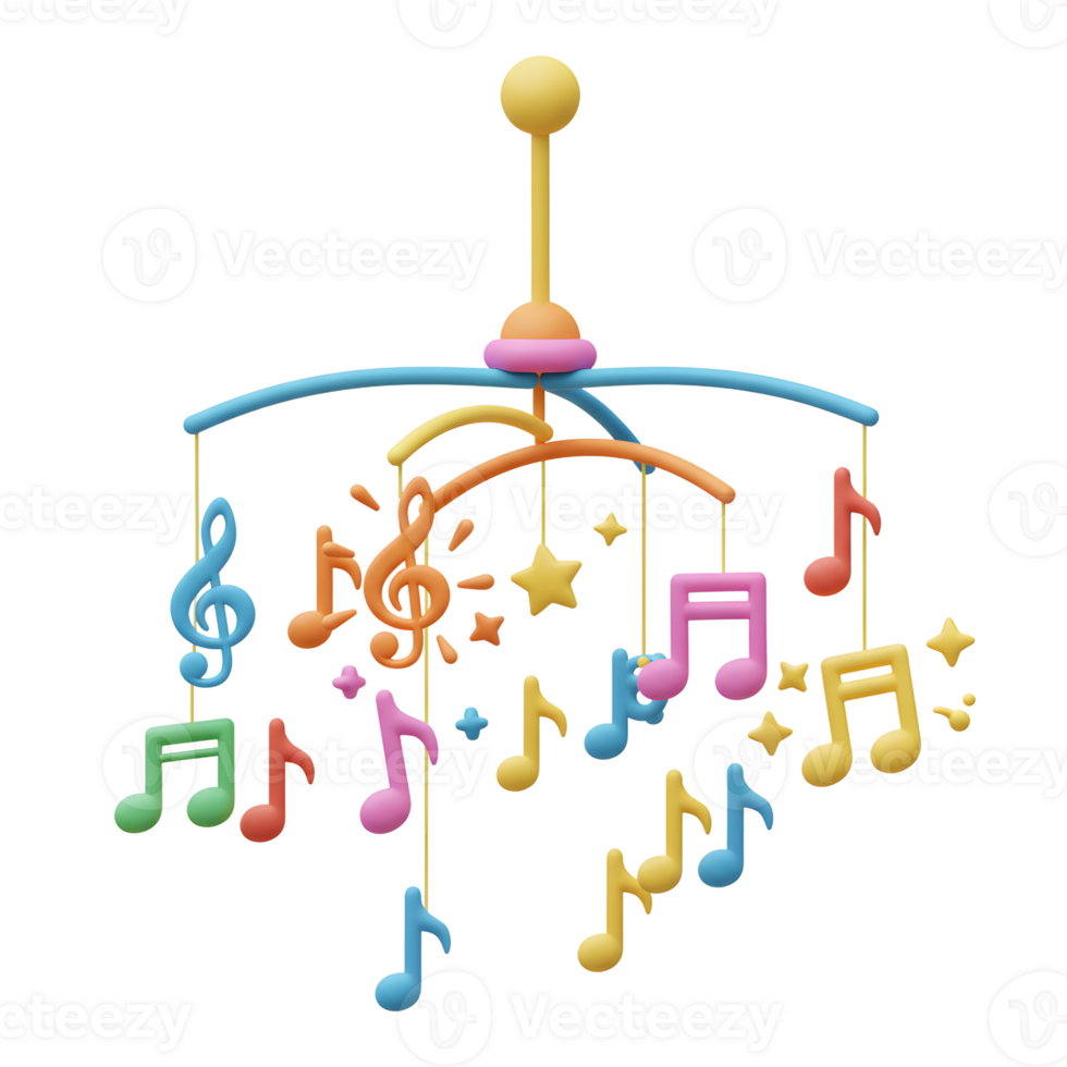 This colorful mobile features musical notes and stars dangling from a circular structure, perfect for nursery decoration. png
