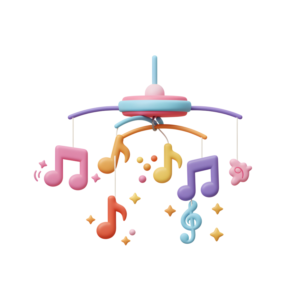 A colorful baby mobile with musical notes and stars gently hangs, creating a soothing environment for infants and young children. png