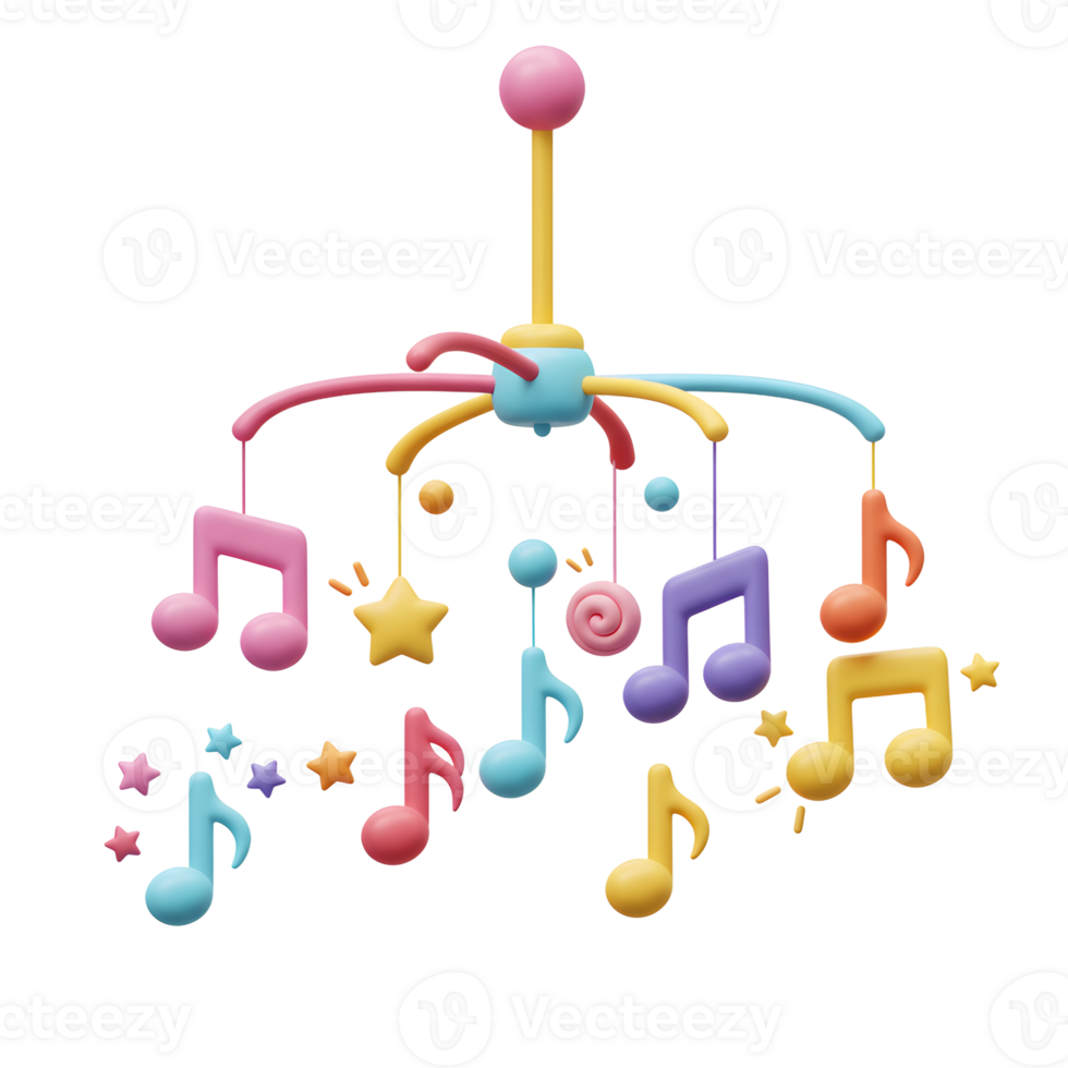 A colorful baby mobile hangs with musical notes, stars and a lollipop, providing a fun and stimulating visual experience. png