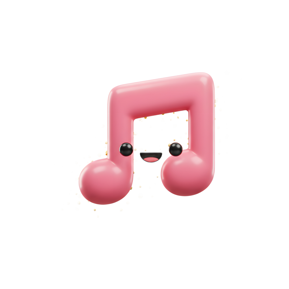 A cute, pink musical note character smiles amidst a scattering of gold confetti, ideal for adding a playful touch to music-related projects. png