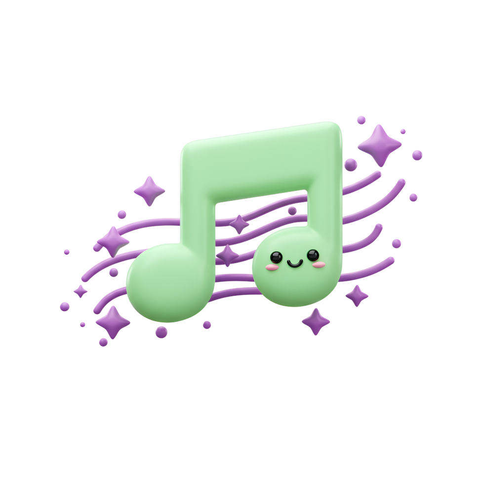 A cute green music note with a smiling face is surrounded by purple stars and sound waves, making it ideal for playful musical content. png