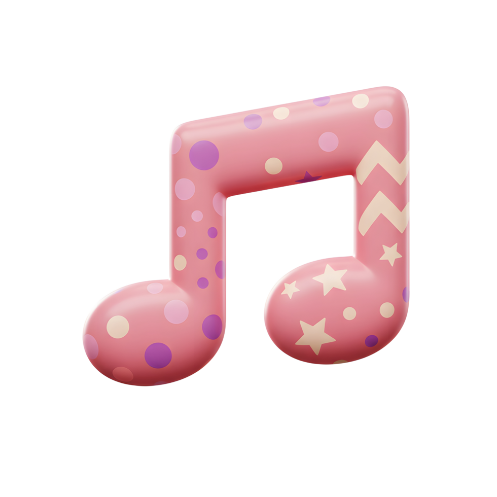 A pink musical note adorned with polka dots, stars, and chevron patterns floats against a white background, which can be used to represent music or sound. png