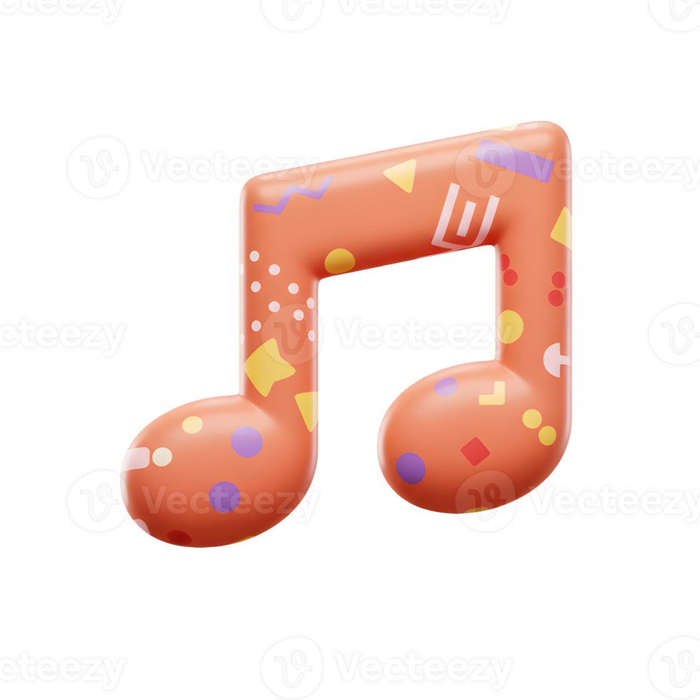 A 3D rendering of a music note decorated with colorful geometric shapes, perfect for designs related to music and playful themes. png