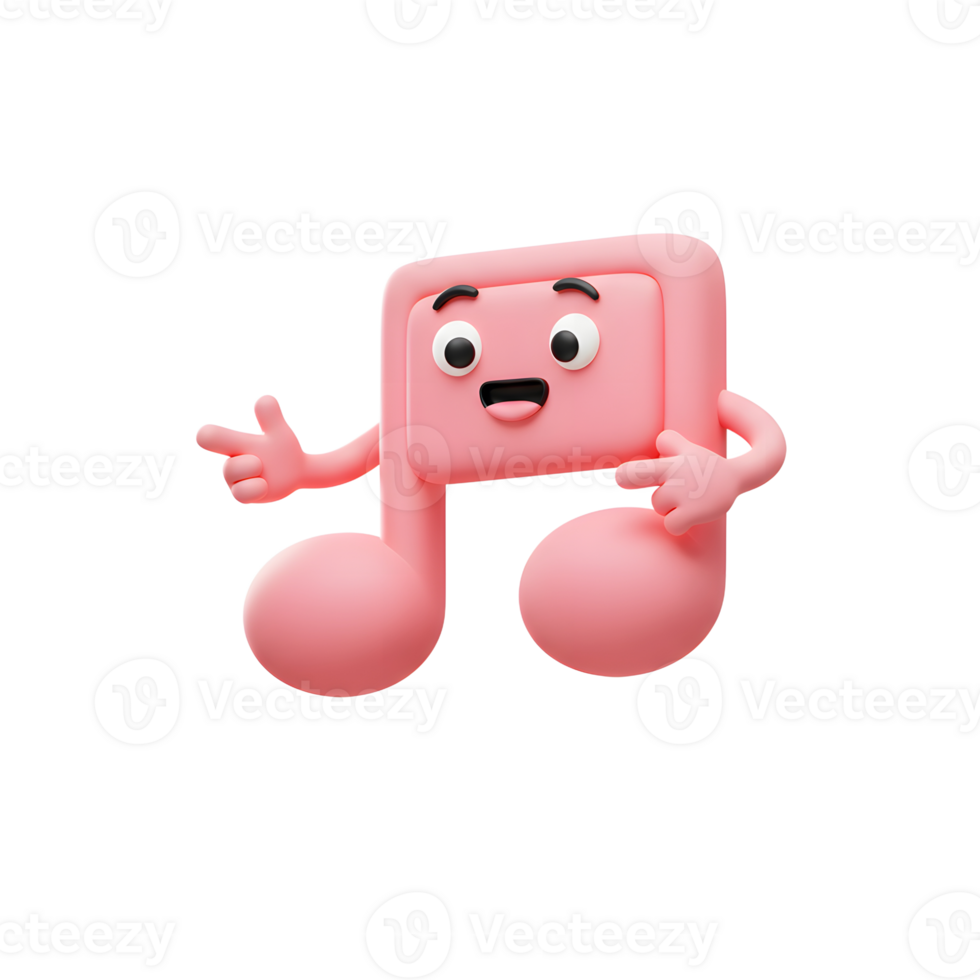 A pink musical note cartoon character points with both hands on a white background, suitable for music related content. png