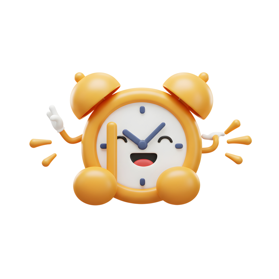 An alarm clock cartoon character with a yellow exterior, smiling face, and waving hands creates a joyful and playful image, suitable for educational or promotional content. png