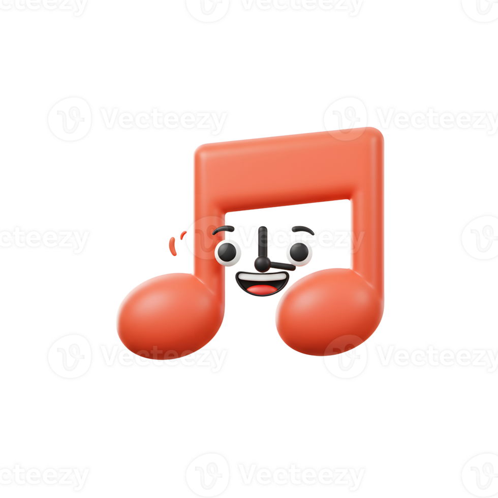 A cheerful red 3D music note with a cartoon face smiles brightly, its fun design making it perfect for use in music-themed designs and applications. png