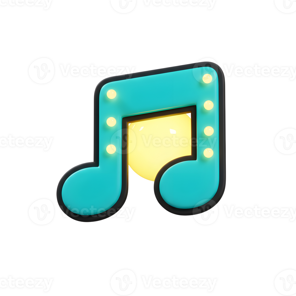 A teal musical note is outlined in black and illuminated with lights and a yellow glow, suitable for use as an icon or graphic. png