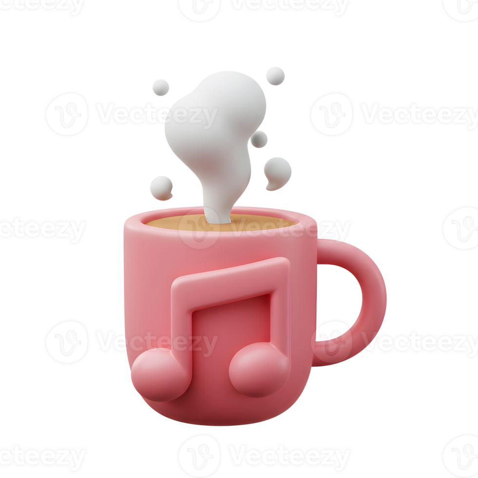 A pink mug with a music note on it, releasing steam, can be used for coffee or music-themed content. png