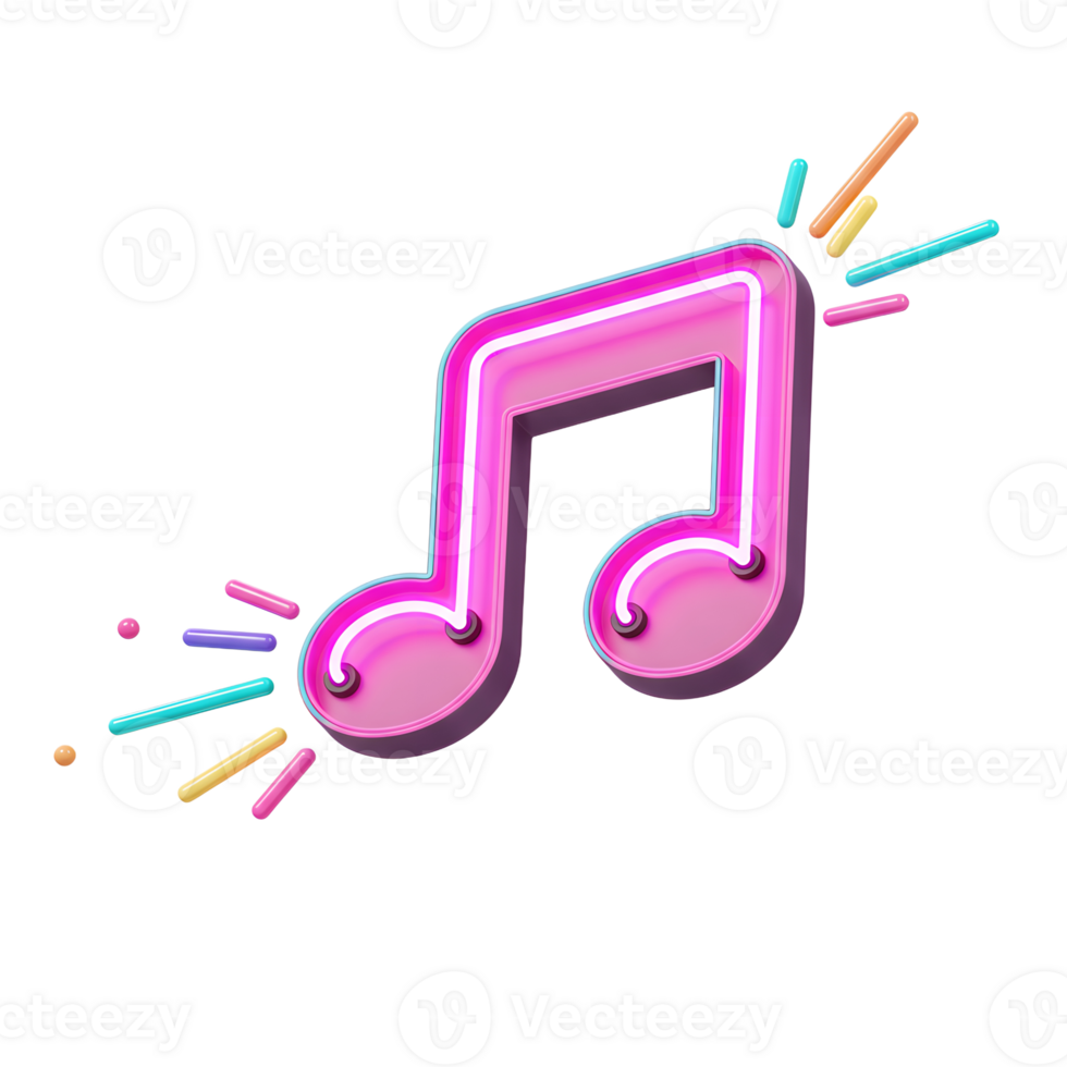 A 3D rendering of a pink neon musical note is surrounded by colorful sparkles, creating a festive and lively ambiance perfect for entertainment themed decorations. png