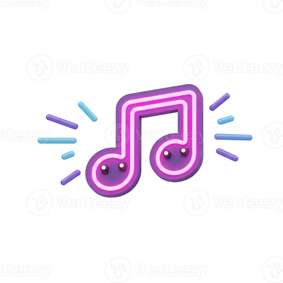 A whimsical purple neon music note with glowing accents and a smiling face is presented against a neutral background, perfect for websites or projects needing a playful musical vibe. png
