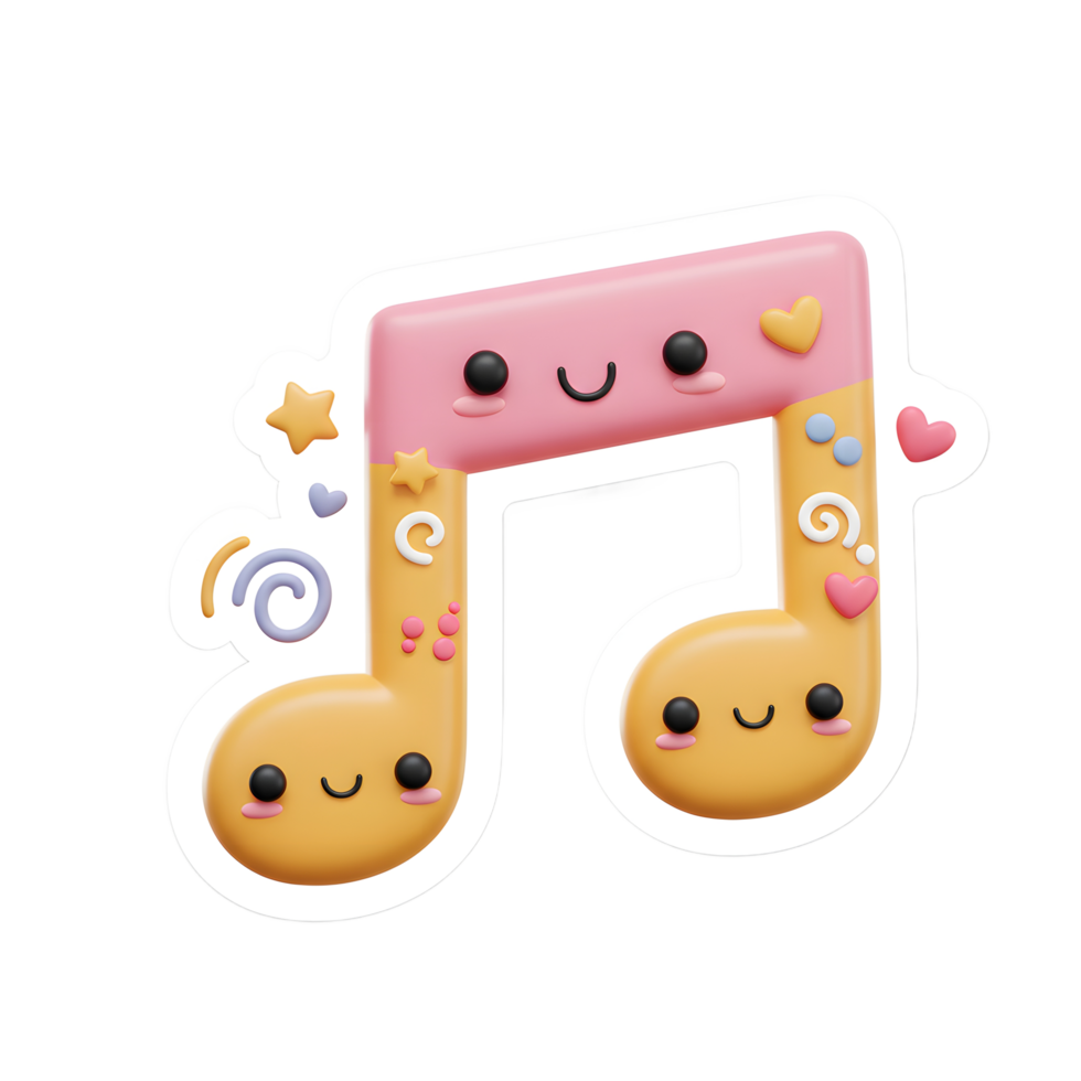 A charming musical note character with a pink and yellow design, adorned with hearts, stars, and smiling faces, ideal for adding a playful touch to creative projects. png