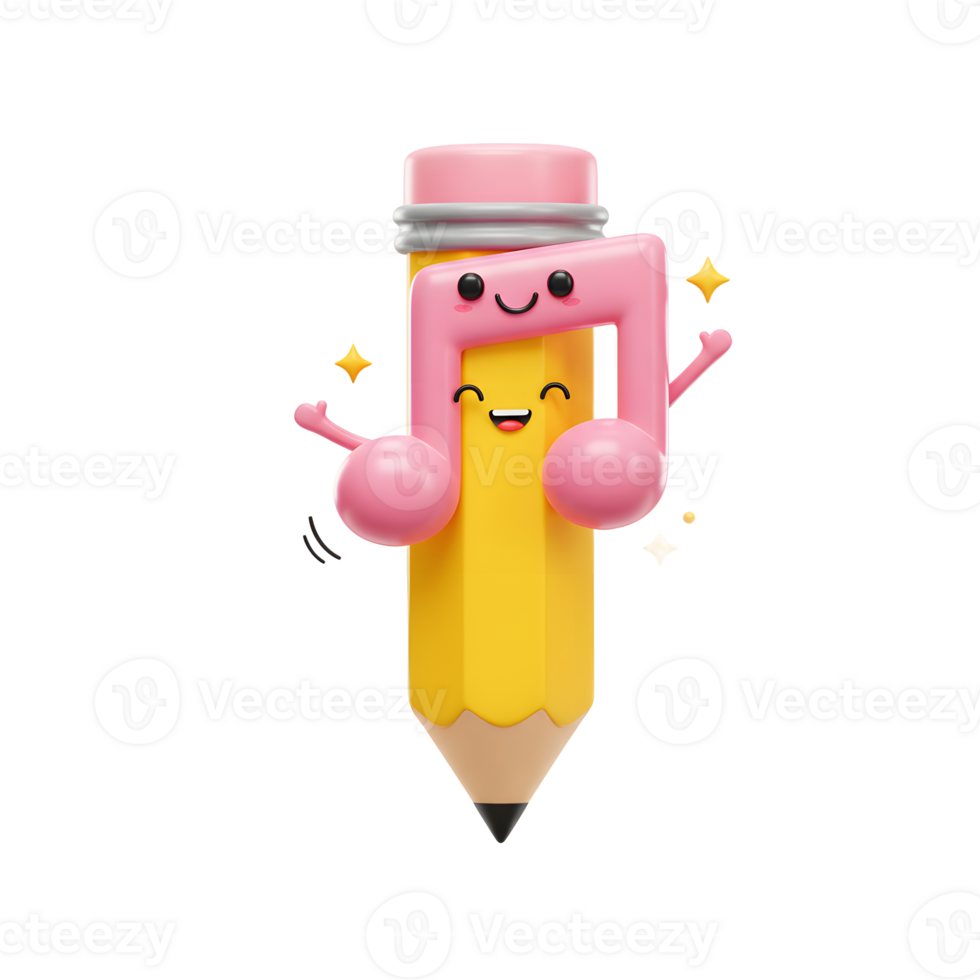 A cheerful yellow pencil with a pink music note is depicted with a happy expression, suitable for illustrations, educational content, or promoting creativity. png