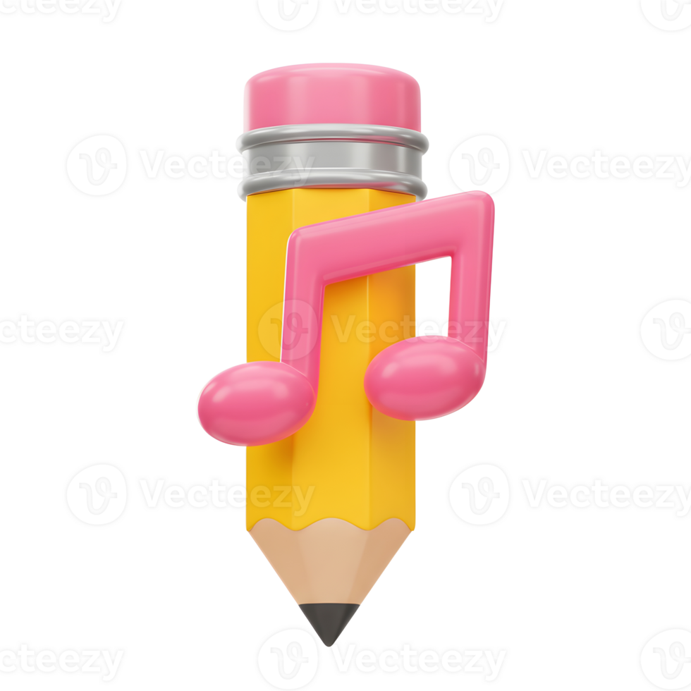 A yellow pencil with a pink eraser and a pink musical note can represent creativity, learning, or artistic expression in various projects. png