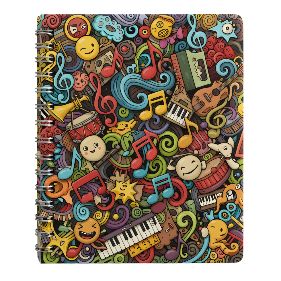 This spiral notebook features an illustration of musical instruments, doodles, and cartoon faces for taking notes. png