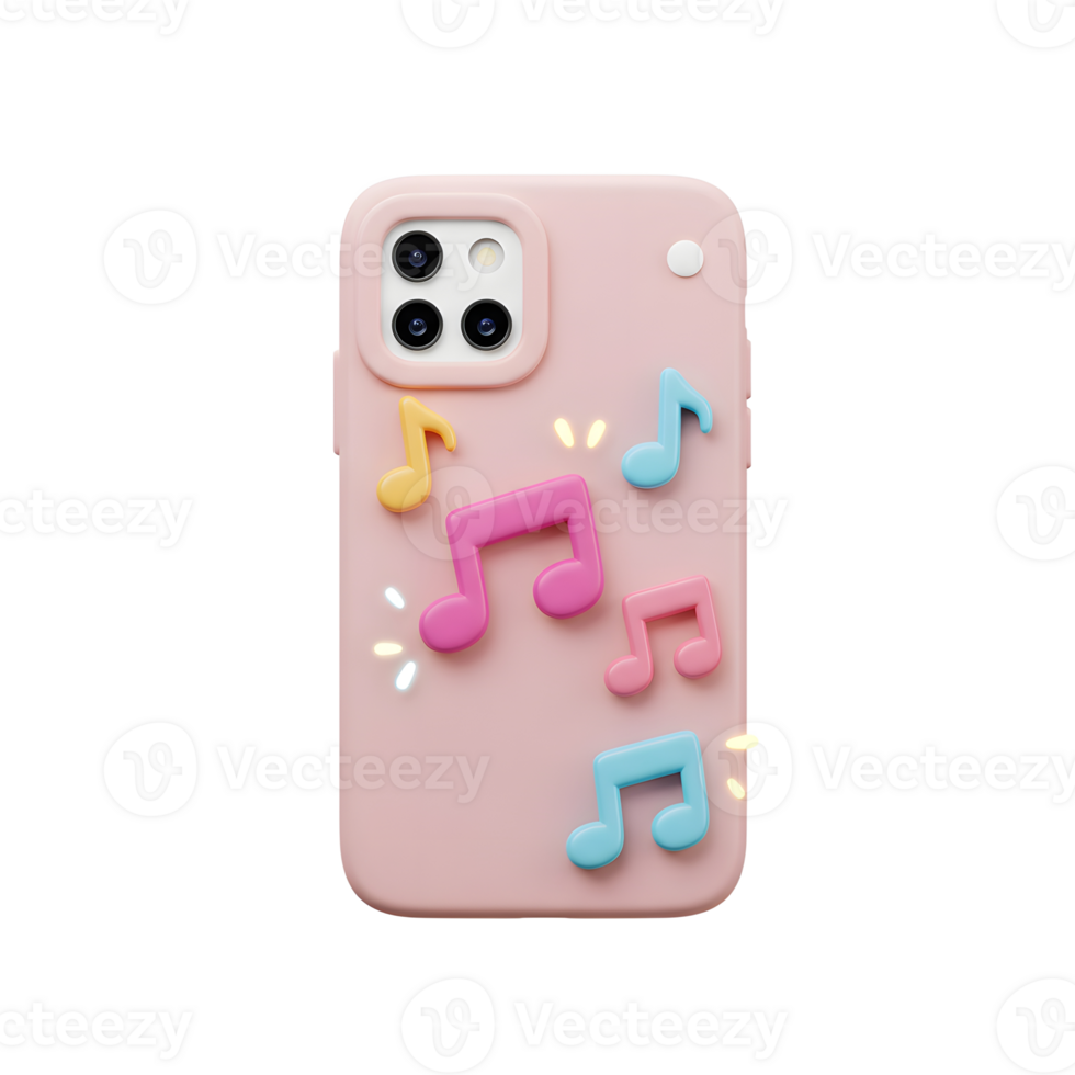 A pink phone case is decorated with various colorful music notes to provide protection and style. png