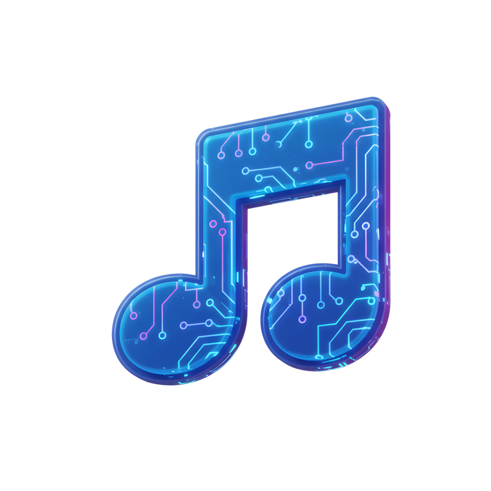 Digital blue music note with circuit pattern shines against a white background, commonly used for musical software and technology themes. png