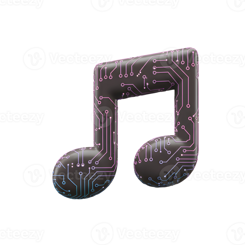 A stylized musical note is adorned with a circuit board pattern, suitable for representing technology in music contexts. png