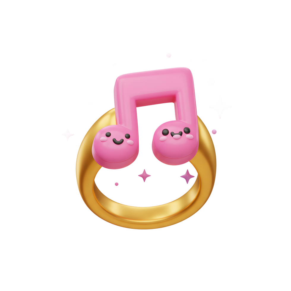 A pink music note character with smiling faces sits on a golden ring surrounded by stars, creating a playful and cheerful image that can be used for various designs. png