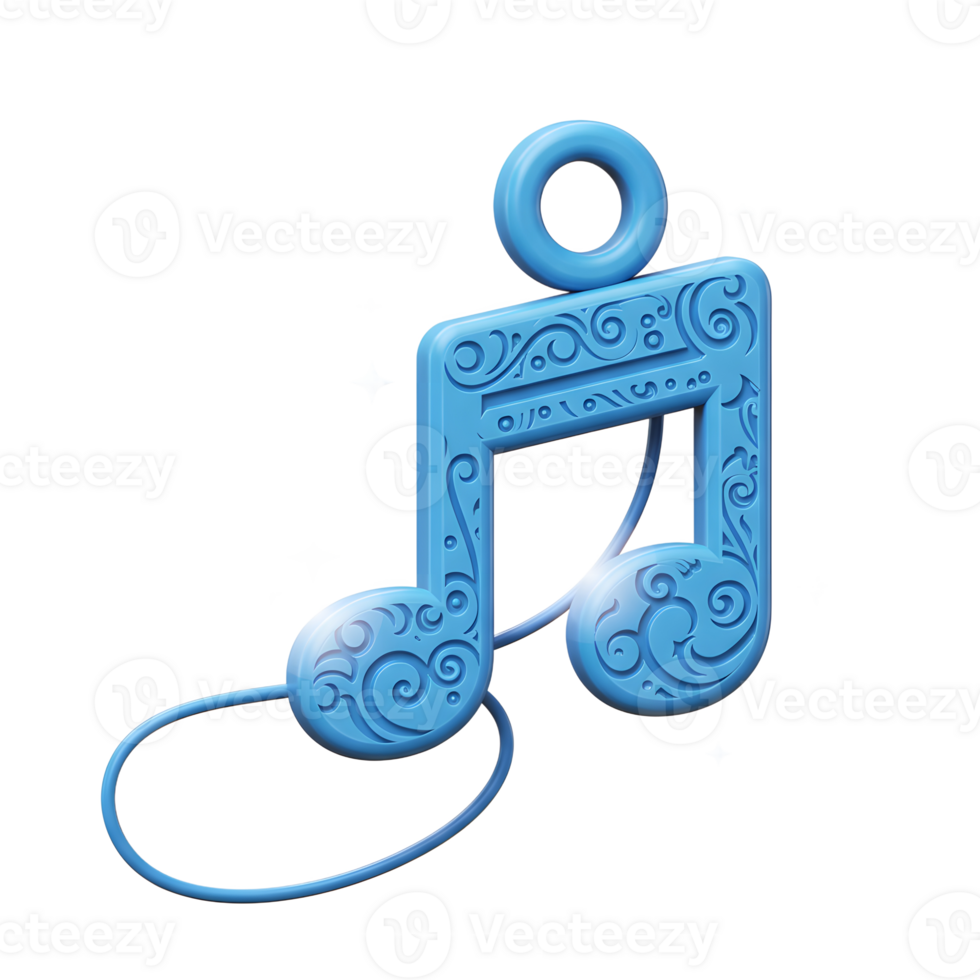 A blue music note with intricate designs and a hanging loop is shown against a white background surrounded by shimmering sparkles, perfect for holiday decorations or festive occasions. png